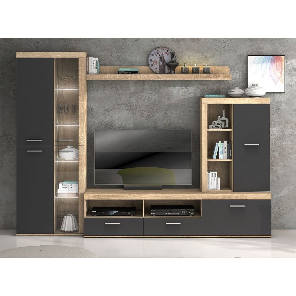 Mueble de Salón Moderno con Leds, Acabado en Cambria - Grafito, Medidas: 260 cm (An) x 191 cm (Al) 47,5 cm (Fon) Meyvaser
