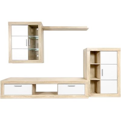 Meyvaser Mueble de salón y TV Moderno con Leds Color Cambria y Blanco Módulo de Comedor 259 Cm
