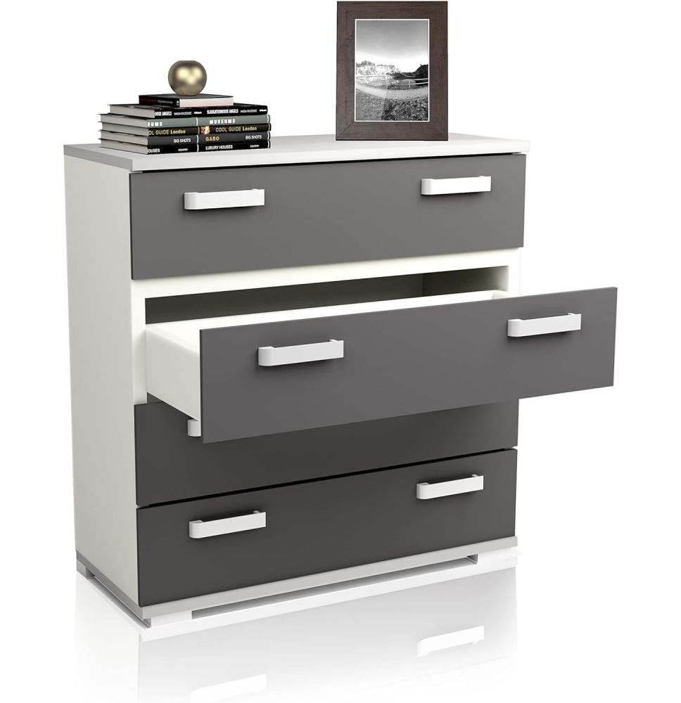 Comoda 4 Cajones, Color Blanco y Grafito, Medidas: 89 cm (Largo) x 89,6 cm (Alto) x 39,6 cm de (Fondo) Meyvaser