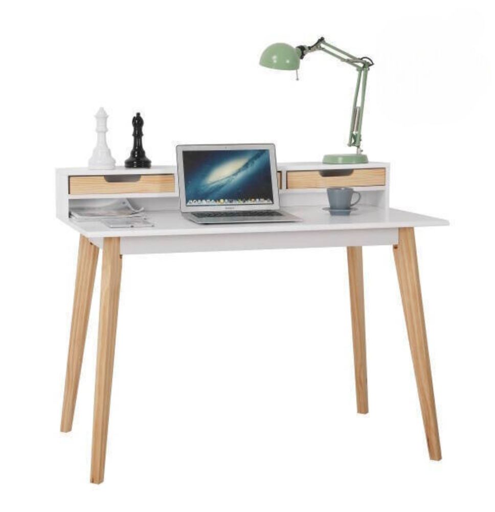 Mesa de Estudio - Escritorio con Encimera MDF Lacado en Blanco Mate y Patas de Pino Macizo – 120x60x90 cm