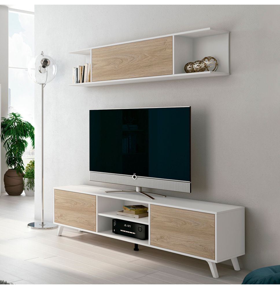 Mueble de TV de Diseño Nórdico + Modulo Alto,2 Estantes y 2 Puertas,Cambrian-Blanco, 49cm(Al) x 180cm (An) x 40cm (Fon)