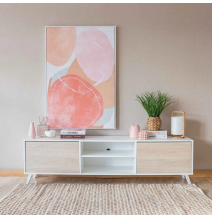 Mueble de TV de Diseño Nórdico + Modulo Alto,2 Estantes y 2 Puertas,Cambrian-Blanco, 49cm(Al) x 180cm (An) x 40cm (Fon)