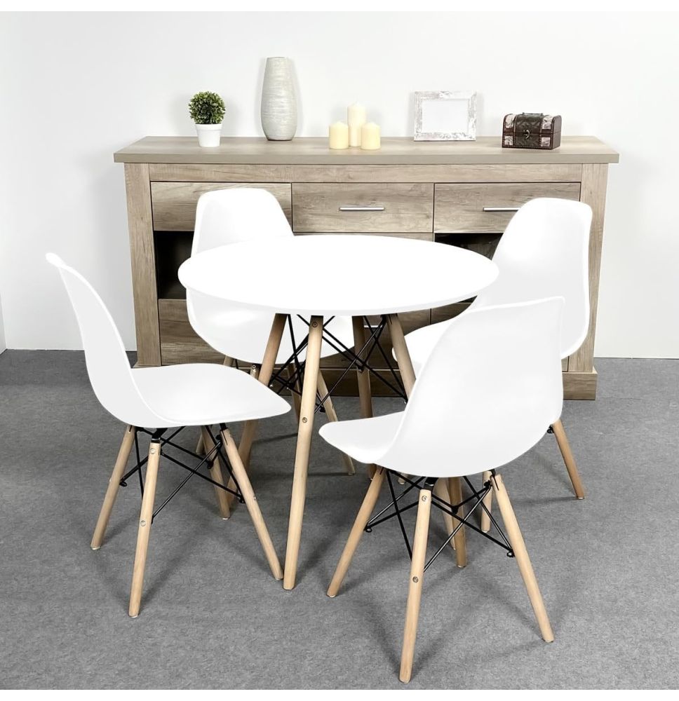 Conjunto Mesa y Sillas Nórdicas: Mesa Blanca (80x80x76 cm) + 4 Sillas con Patas de Madera Haya (46,5 x 48 x 82 cm)