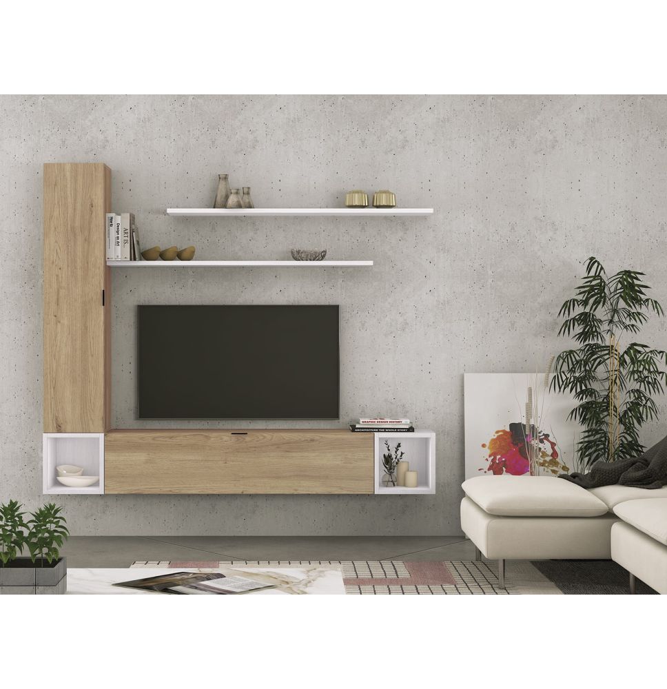 Meyvaser Mueble de salón y TV Conjunto muebles de salón apilable 196 Cm Ancho Color Madera y Blanco
