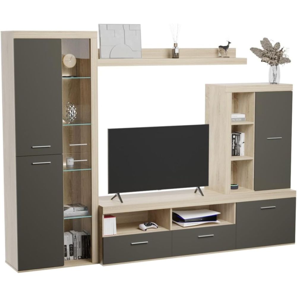 Mueble de Salón Moderno con Leds, Acabado en Cambria - Grafito, Medidas: 260 cm (Ancho) x 191 cm (Alto) 47,5 cm (Fondo)