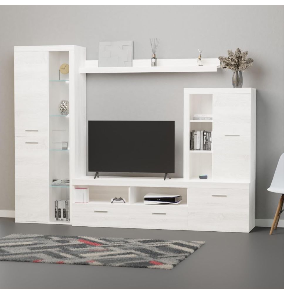 Mueble de Salón Moderno con Leds, Acabado en Andersen Pino, Medidas: 260 cm (Ancho) x 191 cm (Alto) 47,5 cm (Fondo)