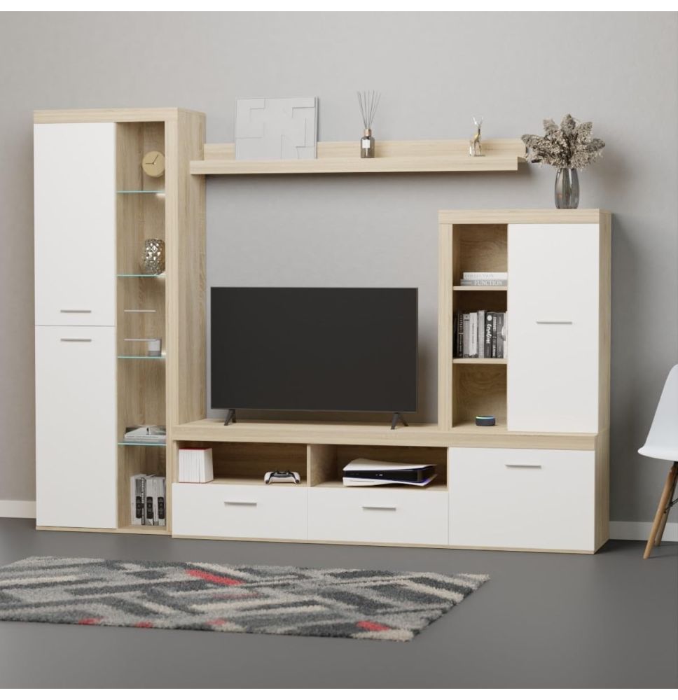 Mueble de Salón Moderno con Leds, Acabado en Cambria - Blanco, Medidas: 260 cm (Ancho) x 191 cm (Alto) 47,5 cm (Fondo)