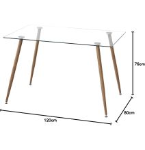 Mesa de Comedor Fija - Cristal Templado y Patas Metálicas con Acabado Madera | 120x80X76 cm