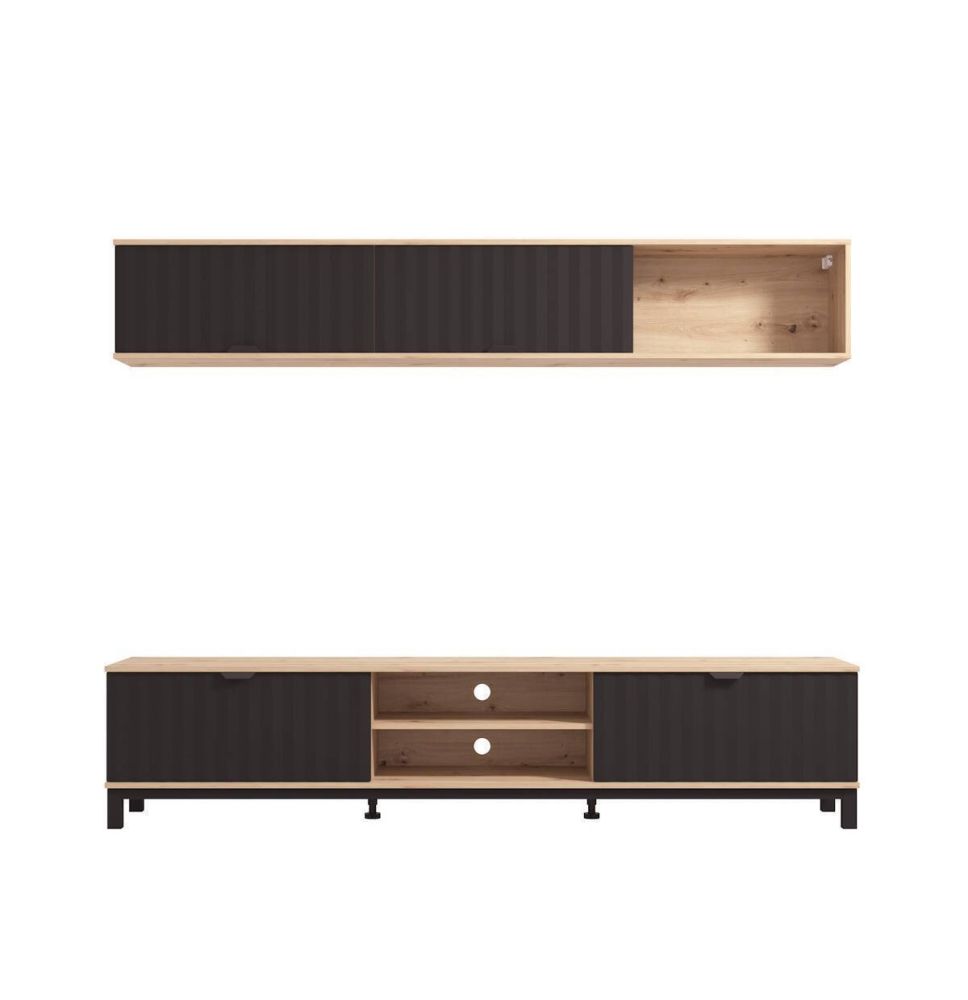 Composición de Salón en Melamina Aglomerada con Acabado Roble Artisan y Estructura Negra- Medidas 218x40x200 cm