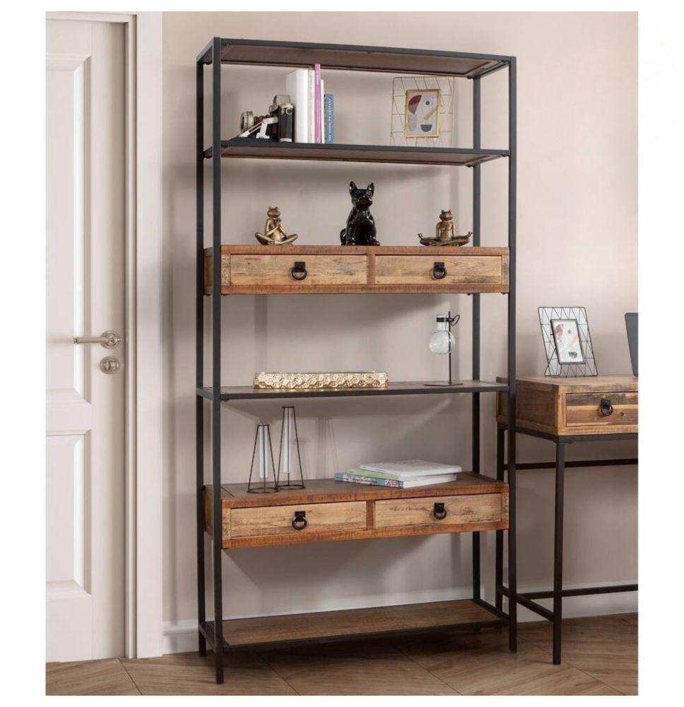 Estantería de Madera de Abeto con 4 Cajones y Estructura Metálica Negra- Medidas 90x36x182 cm