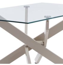 Mesa de Centro con Tapa de Cristal Templado de 8 mm y Patas Metálicas Cruzadas en Acabado Crema -  Medidas 110x55x45 cm