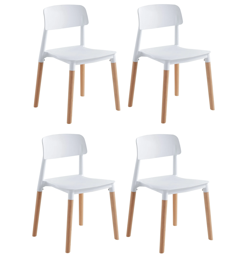 Pack de 4 Sillas Blancas con Patas de Madera de Haya, Asiento de Polipropileno,  Altura de 45 cm, Medidas Totales 42.5x48x76 cm