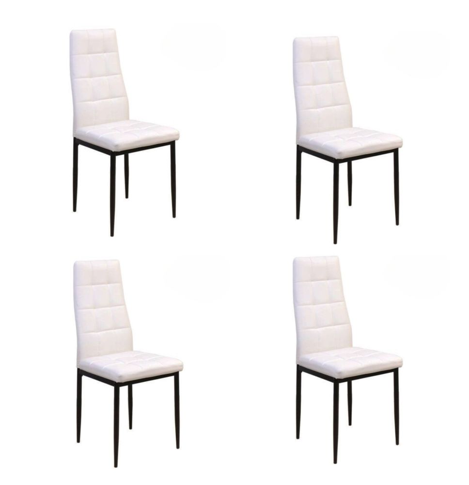 Pack de 4 Sillas Tapizadas en Tela Polipiel Blanca con Costuras Acolchadas, Patas Metálicas en Color Negro, Medidas 43x56x96 cm