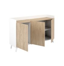 Aparador, Buffet, Salón Comedor 3 Puertas, Armario Auxiliar Color Blanco y Roble, Medidas: 140x87x40 Cm