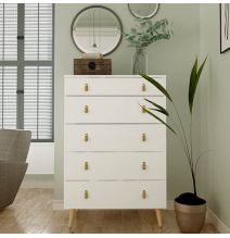 Cómoda con 5 Cajones, para Dormitorio, Acabado en Color Blanco, Medidas: 80 cm (Ancho) x 120 cm (Alto) x 48 cm (Fondo)