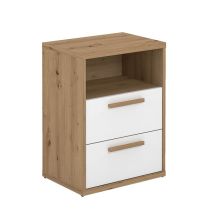 Mesita de Noche 2 cajones y 1 Estante, Mesilla de Noche,Color Blanco y roble, Medidas: 48 cm (Anc) x 33,6 cm (Fon) x 64 cm (Al)