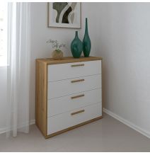 Cómoda con 4 Cajones, para Dormitorio, Acabado en Color Blanco y Roble, Medidas: 88 cm (Ancho) x 86 cm (Alto) x 48 cm (Fondo)