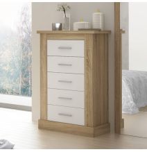 Cómoda, Sinfonier 5 Cajones, Acabado en Blanco y Cambrian, Medidas: 66 cm (Ancho) x 107 cm (Alto) x 39,6 cm de (Fondo)