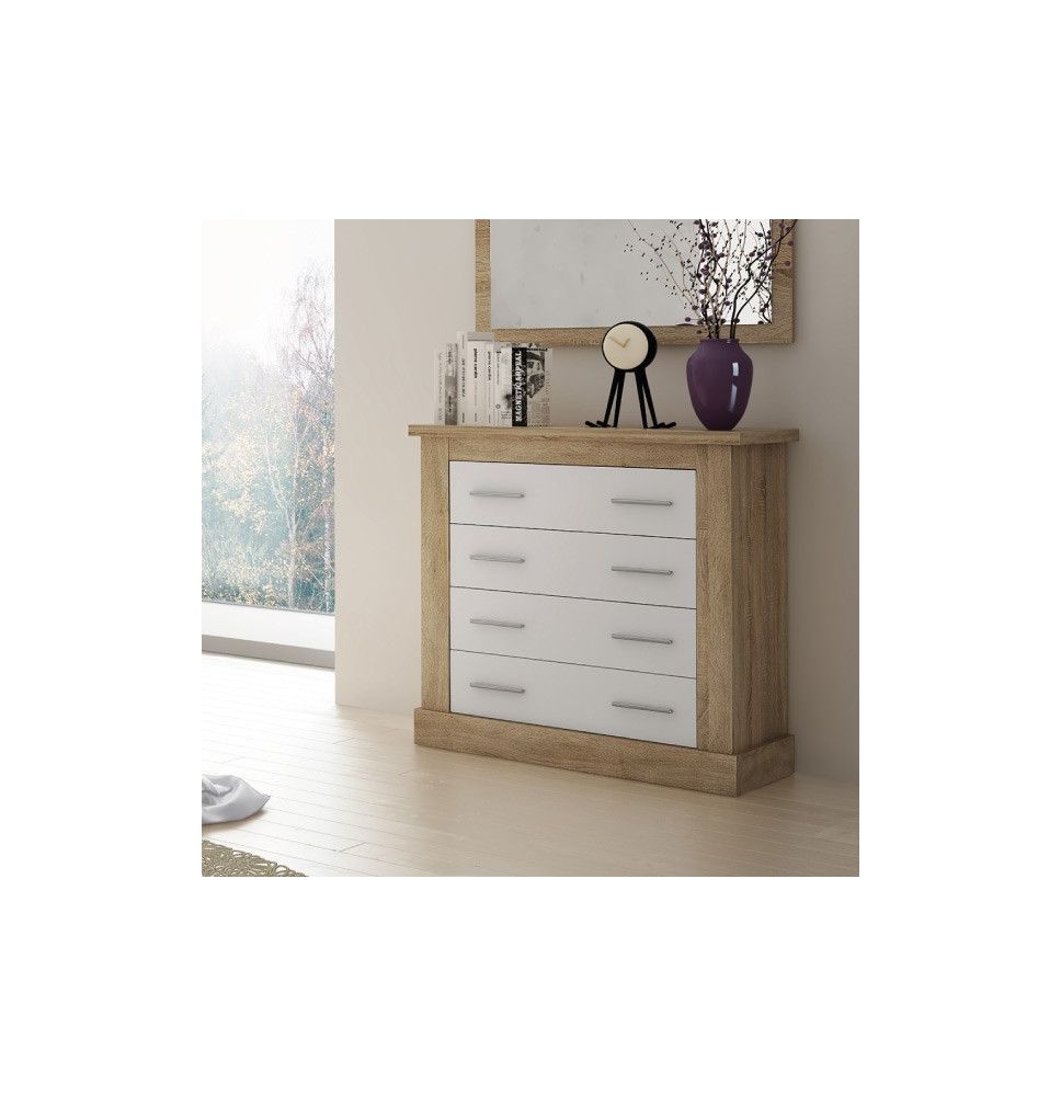 Cómoda 4 Cajones, Acabado en Blanco y Cambrian, Medidas: 91,5 cm (Ancho) x 90,8 cm (Alto) x 39,6 cm de (Fondo)